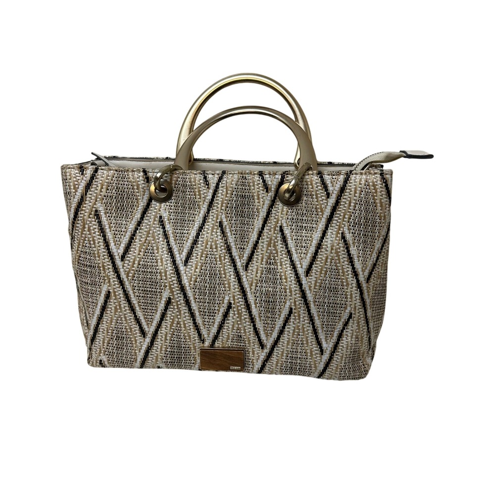 Parfois Woven Tote Bag Gold Handle Geometric Pattern Top Zip Closure